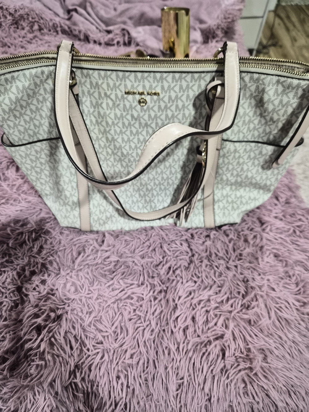 Michael Kors White/Light Pink MK Signature Tote with Tassel AND matching Wallet